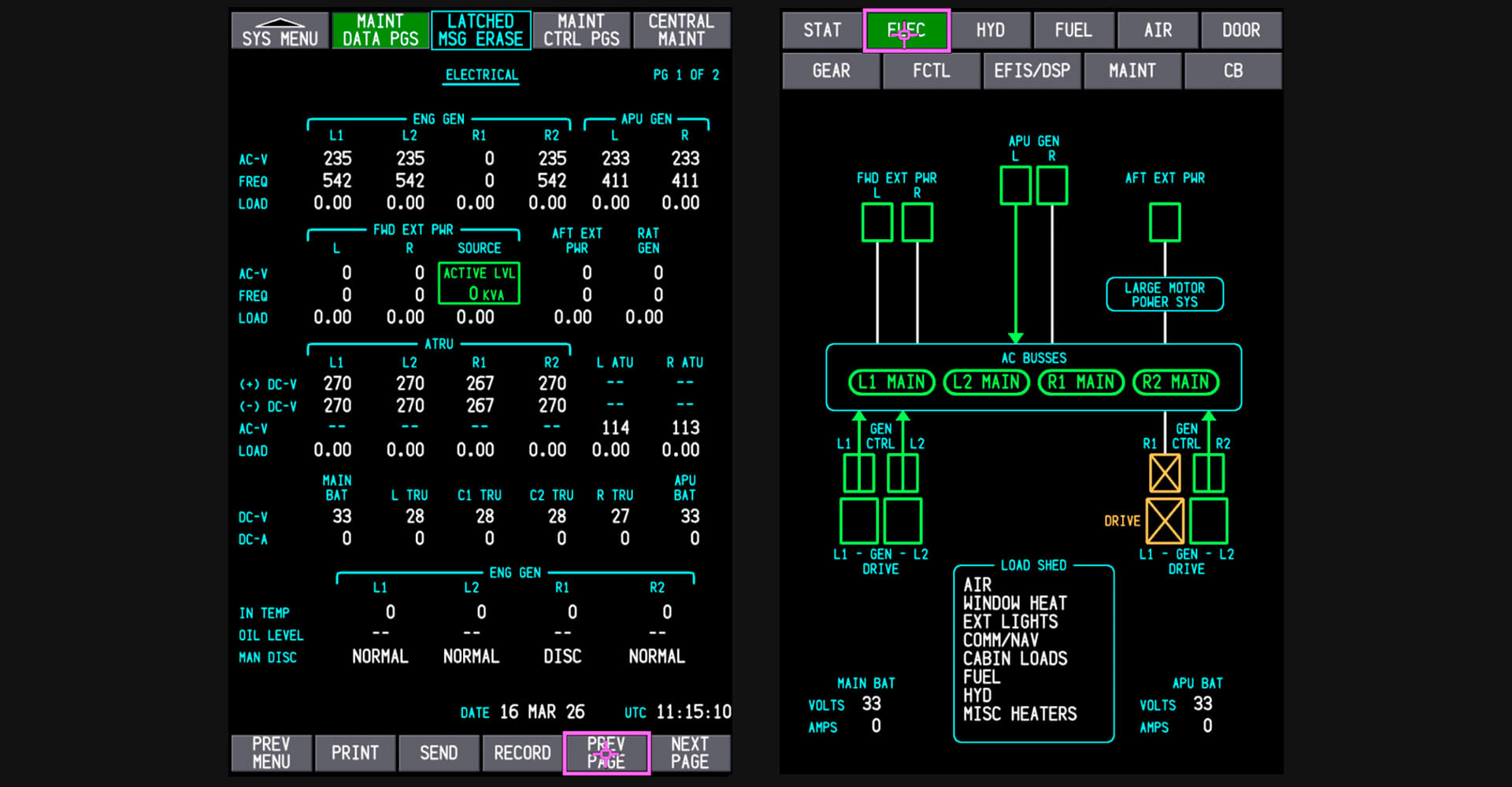 In-sim screenshots showcasing Electrical Synoptic and Maintenance Pages