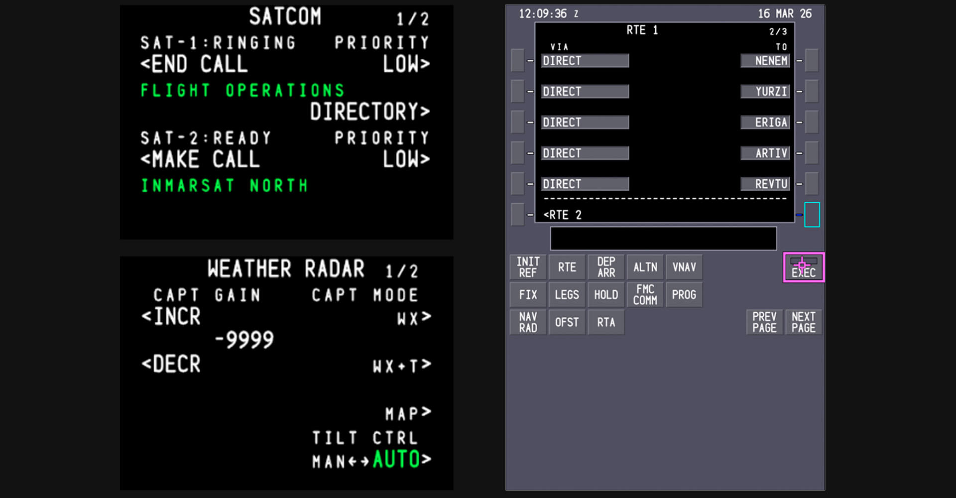 In-sim screenshot showcasing SATCOM, WX Radar control and CDU Routing